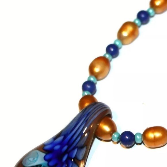 Semi Precious Gemstone & Pearl Beaded Necklace 17" Pendant 2" - Picture 3 of 3